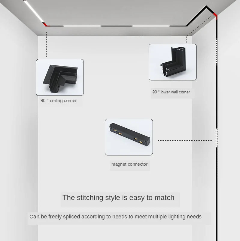 220V Smart Magnetic Track Light System. Features 25W and 30W options, with linear recessed rail spots and 48V pendant lights for ceiling installation.