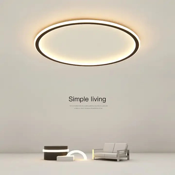 Super - Slim Household LED Ceiling Light. Available in 23CM, 30CM, 50CM, 80CM sizes. Suitable for bedrooms, living rooms, and study rooms. Features black, white, and gold finishes for home decor.