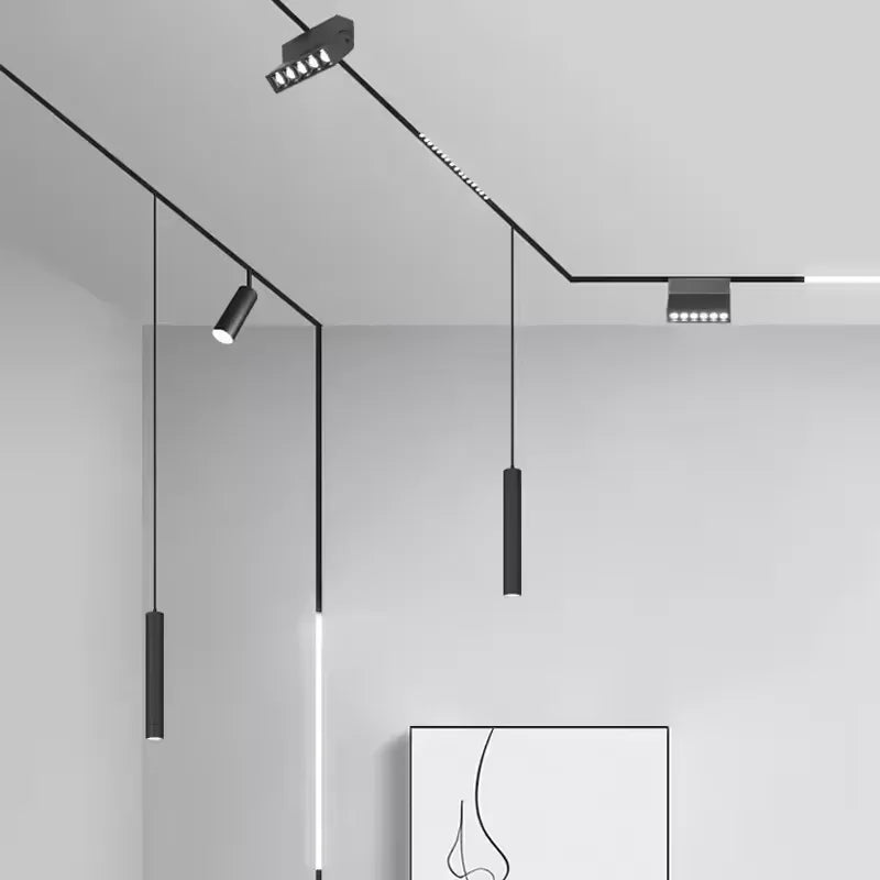 220V Smart Magnetic Track Light System. Features 25W and 30W options, with linear recessed rail spots and 48V pendant lights for ceiling installation.