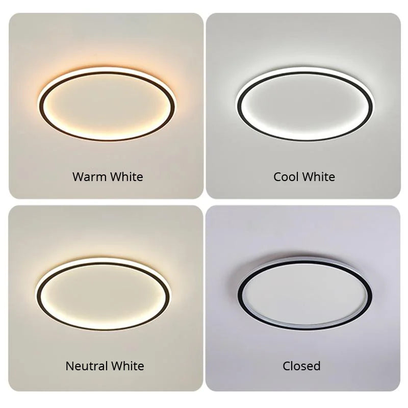 Super - Slim Household LED Ceiling Light. Available in 23CM, 30CM, 50CM, 80CM sizes. Suitable for bedrooms, living rooms, and study rooms. Features black, white, and gold finishes for home decor.