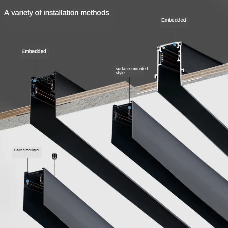 220V Smart Magnetic Track Light System. Features 25W and 30W options, with linear recessed rail spots and 48V pendant lights for ceiling installation.