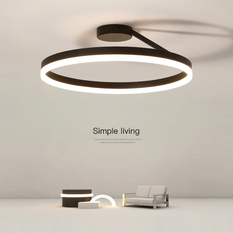 Modern Minimalist Dimmable Ring - shaped LED Ceiling Chandelier. Ideal for illuminating dining and living room center tables, as well as for bedroom decor.
