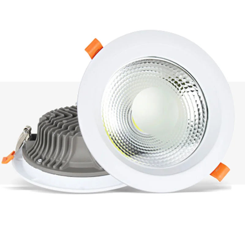Dimmable COB LED Downlights. Retrofit options with power ratings of 7W, 12W, 15W, 18W, 20W. Available with cut - out sizes of 63mm, 125mm, 190mm.