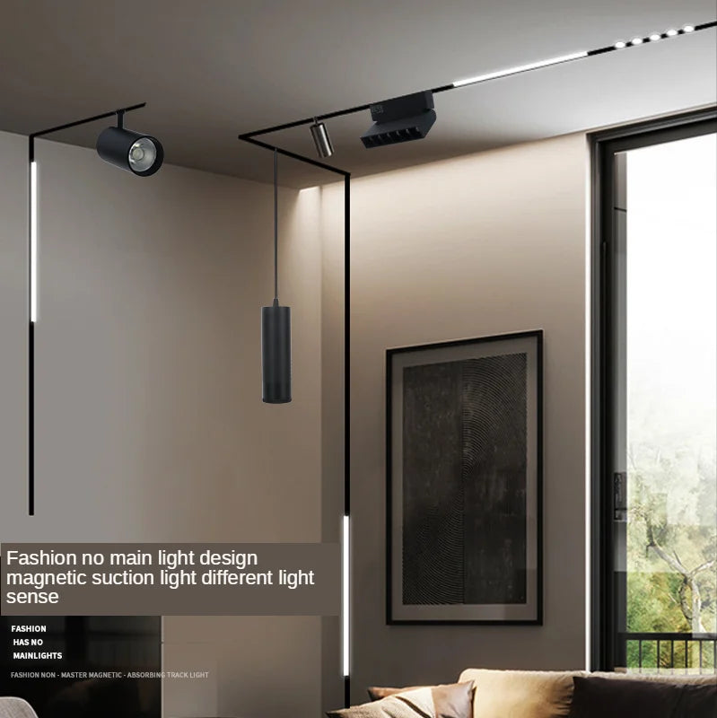 220V Smart Magnetic Track Light System. Features 25W and 30W options, with linear recessed rail spots and 48V pendant lights for ceiling installation.