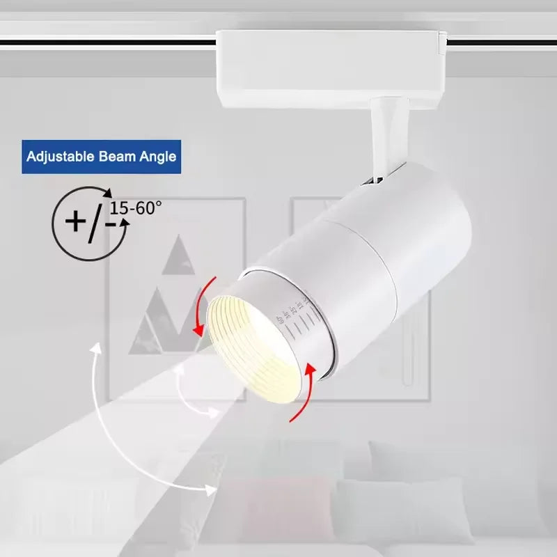 Clothing Shop - Oriented Dimmable COB LED Track Lights. 3 - color options, zoomable, with 10W, 12W, 20W, 30W choices and focus - adjustable rail.