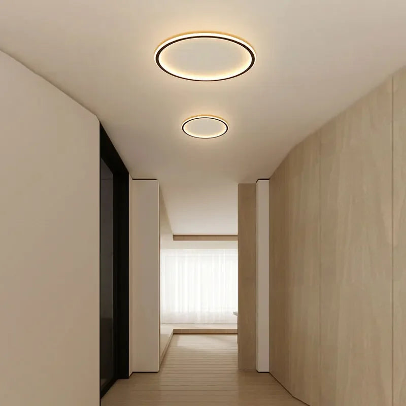 Super - Slim Household LED Ceiling Light. Available in 23CM, 30CM, 50CM, 80CM sizes. Suitable for bedrooms, living rooms, and study rooms. Features black, white, and gold finishes for home decor.