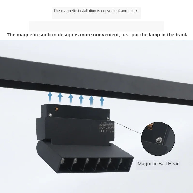 220V Smart Magnetic Track Light System. Features 25W and 30W options, with linear recessed rail spots and 48V pendant lights for ceiling installation.