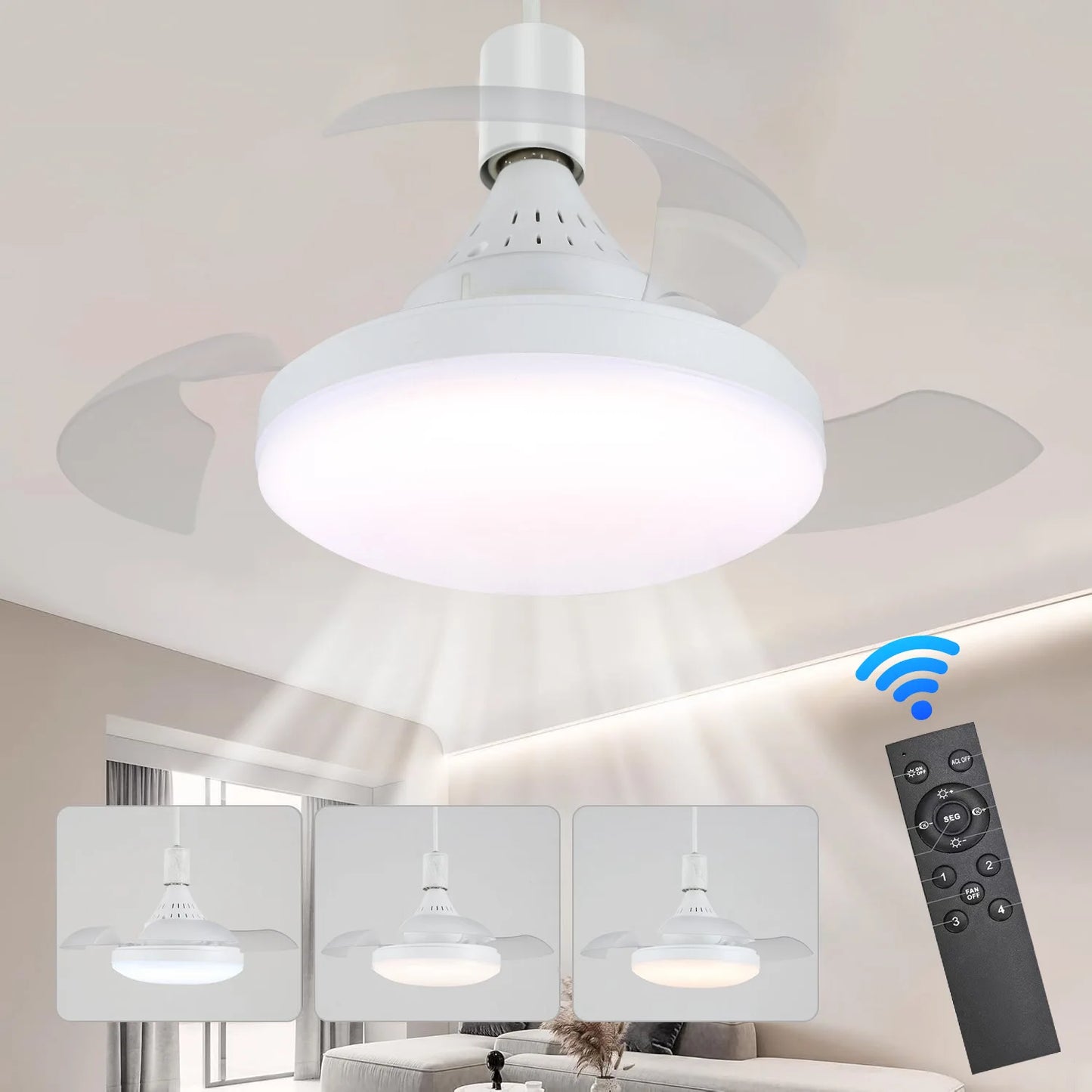 16 - Inch 3 - Blade Invisible Transparent Ceiling Fan with E26/E27 Socket. Features integrated light and remote control for easy operation.