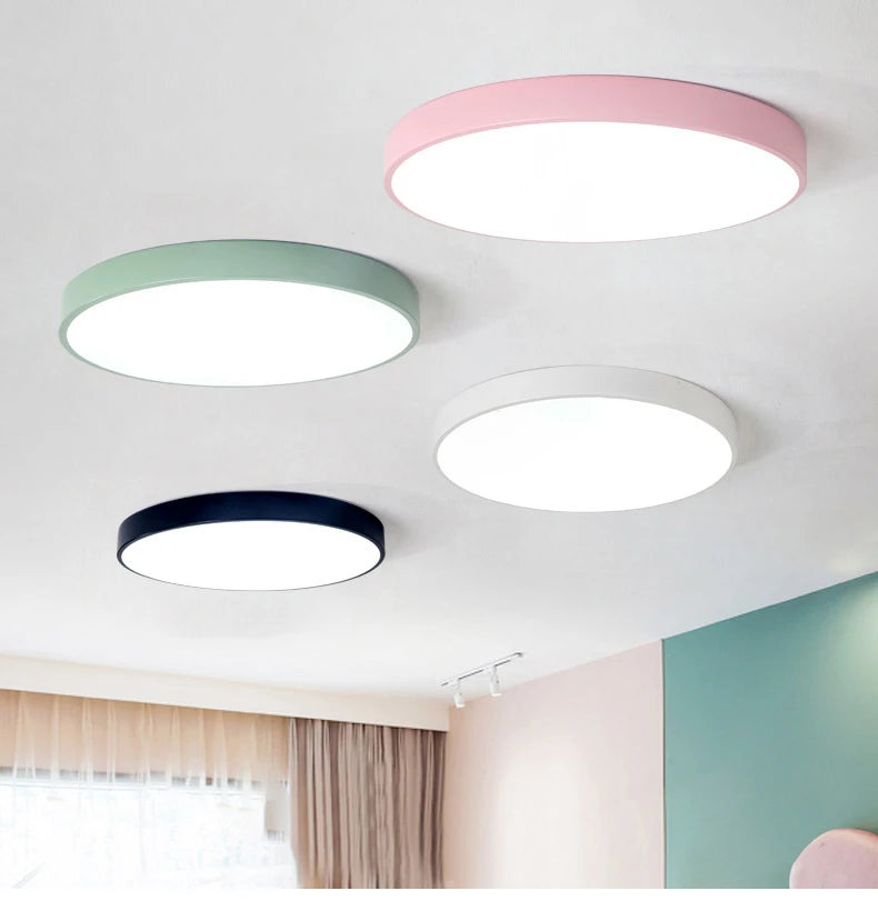 tra - Thin Modern and Simple Macaroon - Colored Circular Ceiling Lamp. Available in 18W, 30W, and 48W options.
